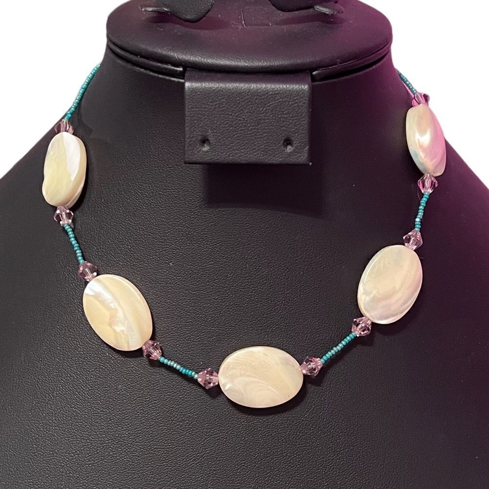 Essence Mother Of Pearl Purple Crystal Green Bead Necklace